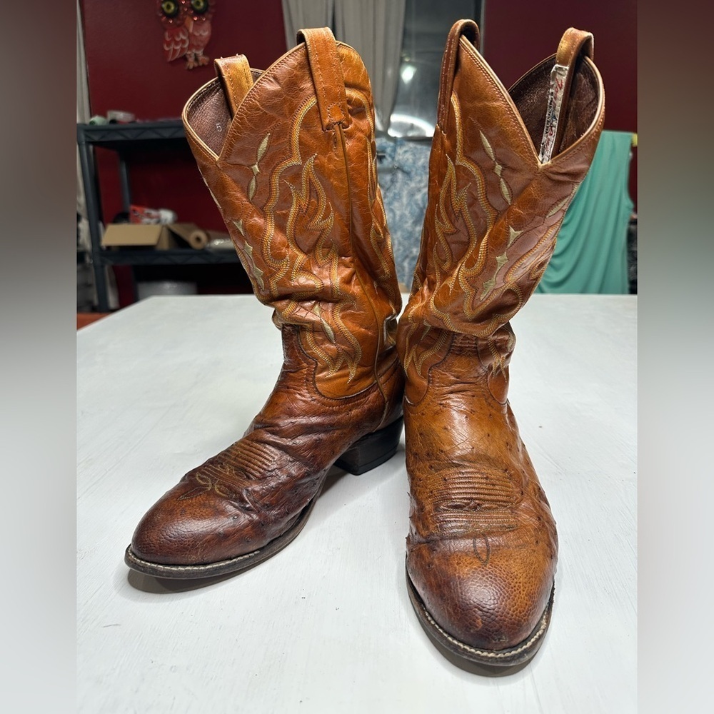 Tony Lama Vintage Ostrich Leather Western Boots Mens 9 D Brown USA - Picture 2 of 16
